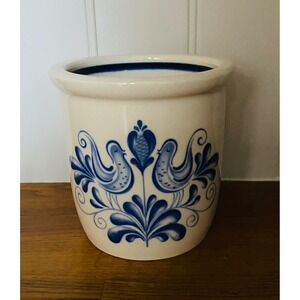 Vintage DDR East Germany Stoneware Crock Blue Folk Art Bird Utensil Holder 5in